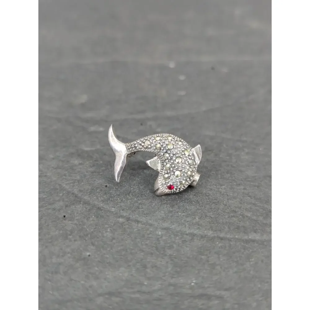 Vintage Sterling Silver 925 Rhinestone Ruby Dolphin Brooch Pin Nautical Retro